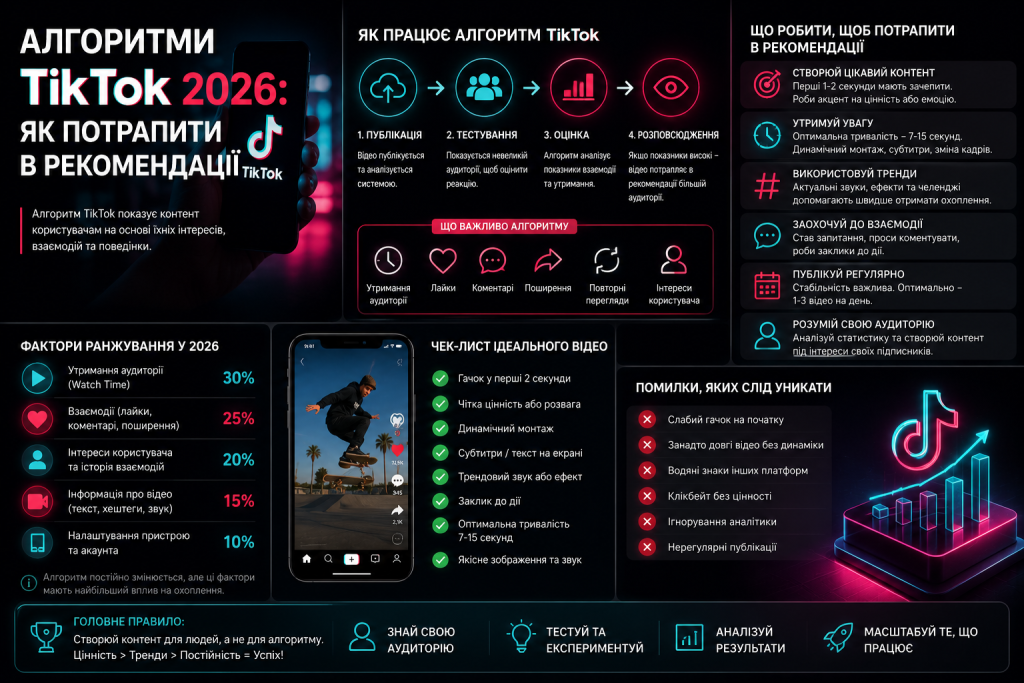 Інфографіка «Алгоритми TikTok 2026» з поясненням принципу роботи алгоритму, факторами ранжування, чек-листом ідеального відео та типовими помилками