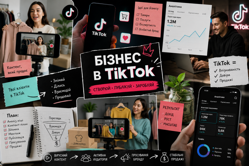 Колаж «Бізнес у TikTok» з порадами щодо контент-плану, аналітики, воронки продажів, ідей для просування товарів і послуг у соціальній мережі