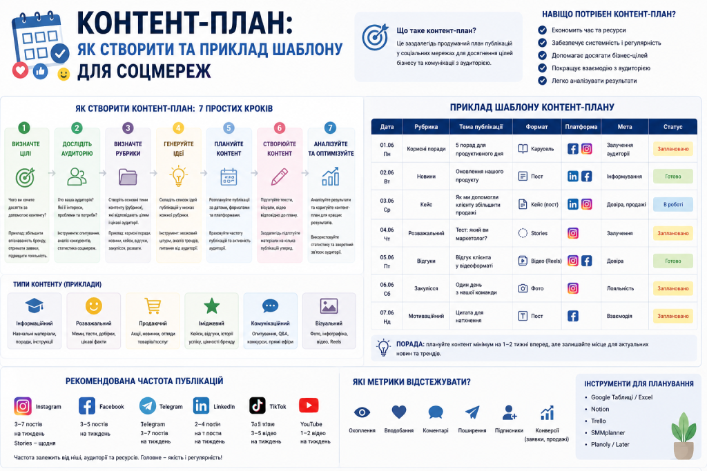 Детальна інфографіка про контент-план для соцмереж — 7 кроків створення, приклад шаблону на тиждень, типи контенту, рекомендована частота публікацій та інструменти для планування