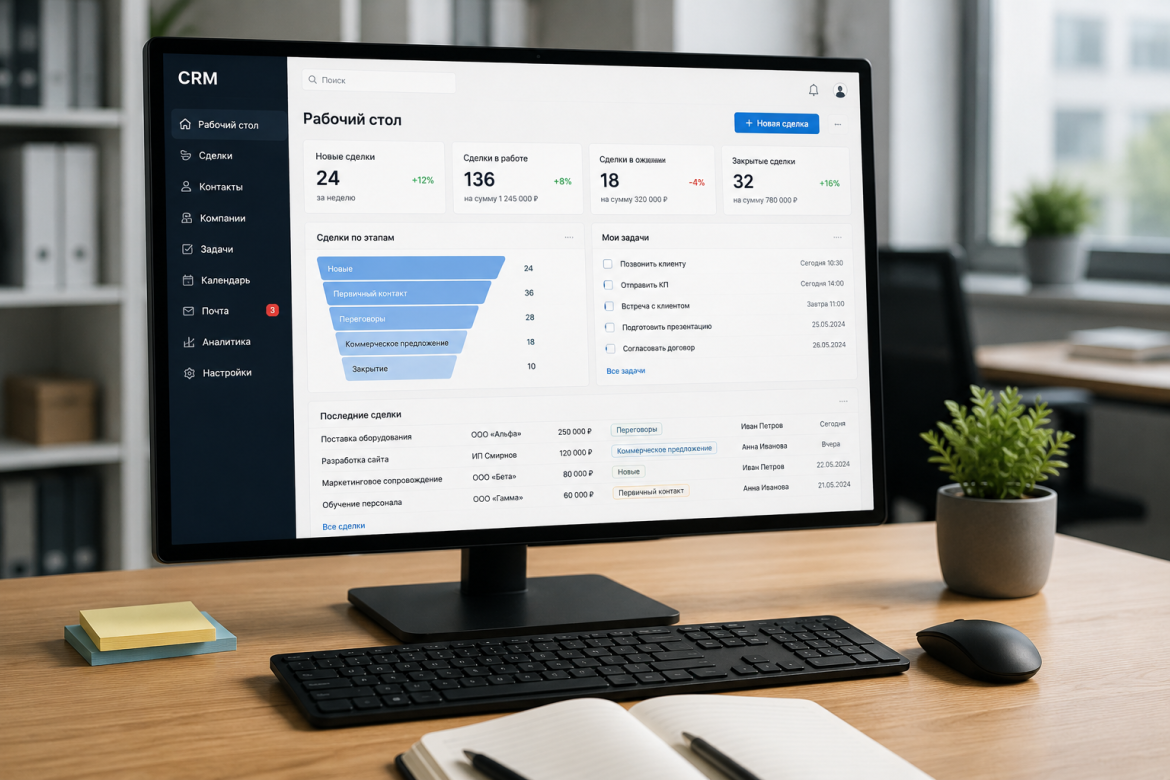 Монітор на офісному столі з відкритим інтерфейсом CRM-системи: дашборд із кількістю угод, воронкою продажів по етапах, списком задач та останніми угодами