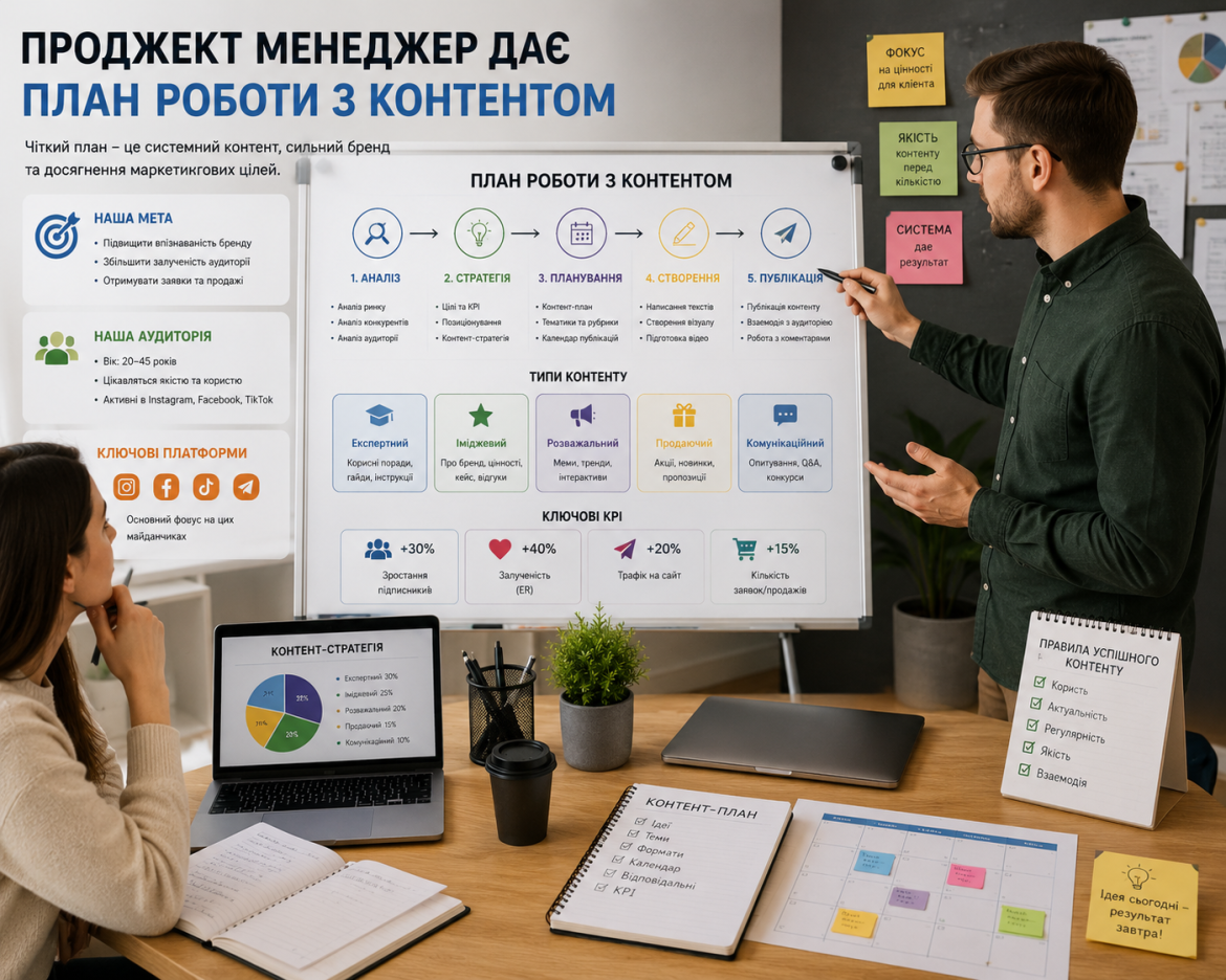 Чоловік-менеджер пояснює колезі план роботи з контентом біля маркборду з етапами стратегії, типами контенту та ключовими KPI
