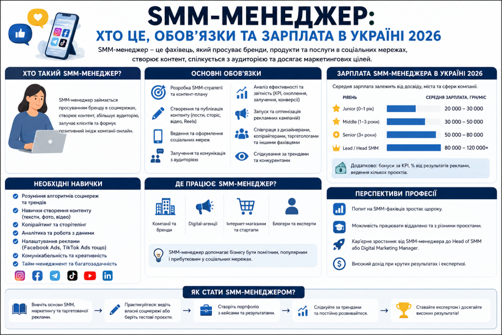 Інфографіка про професію SMM-менеджера — основні обов'язки, необхідні навички, рівні зарплат в Україні 2026 та поради як стати фахівцем