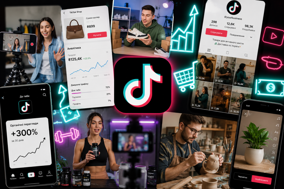 Колаж зі скріншотів TikTok з українськими брендами — продавці знімають відео, аналітика продажів, сторінка бізнес-акаунту та зріст органічних переглядів на 300%