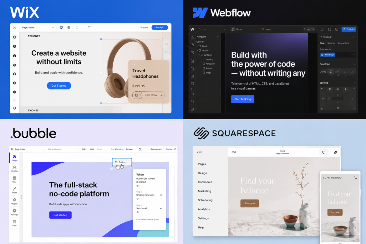 Скріншоти інтерфейсівno-code платформ Wix, Webflow, Bubble та Squarespace