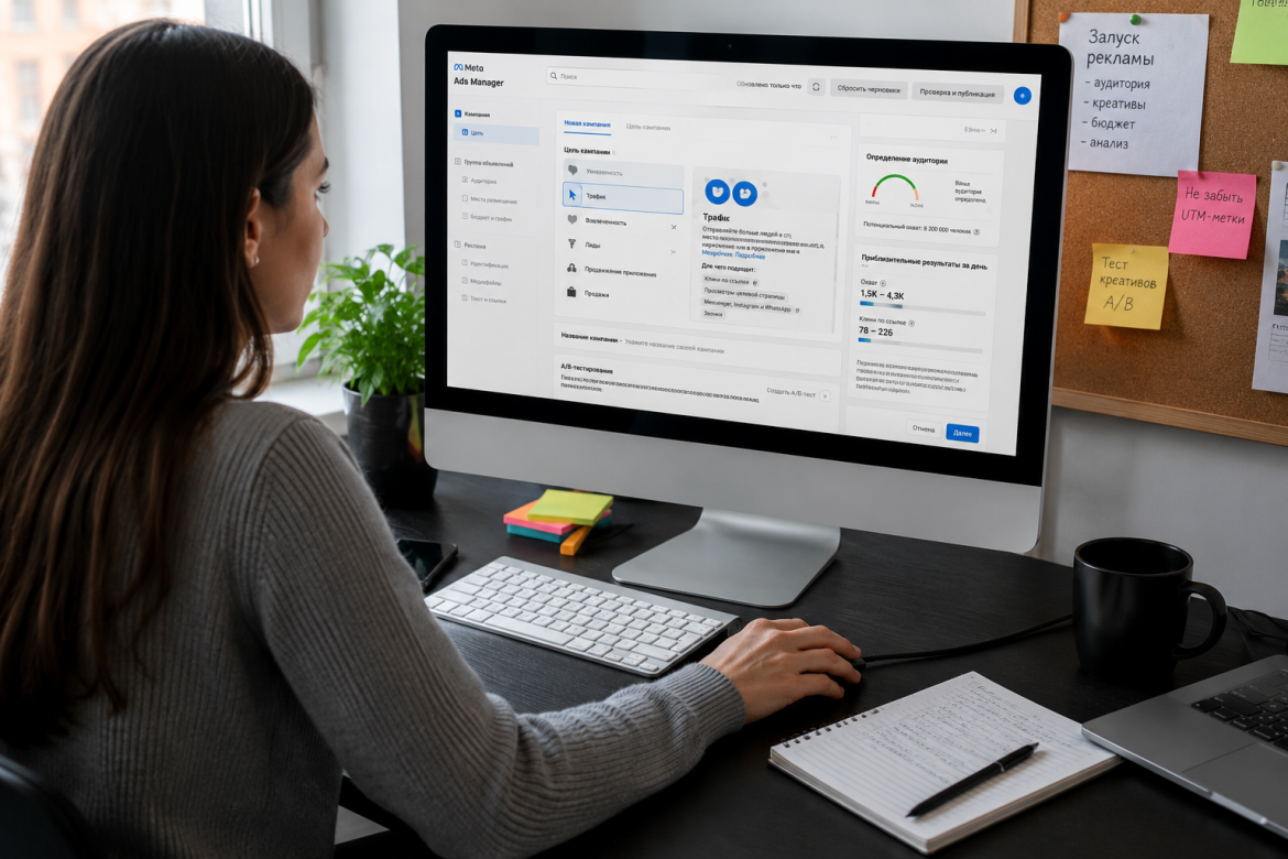 Жінка працює за комп'ютером і налаштовує рекламну кампанію в Meta Ads Manager. Робоче місце спеціаліста з таргетованої реклами та цифрового маркетингу.