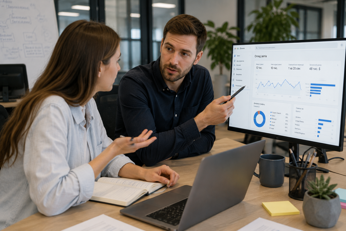 Маркетолог пояснює колезі звіти та аналітику сайту в Google Analytics 4