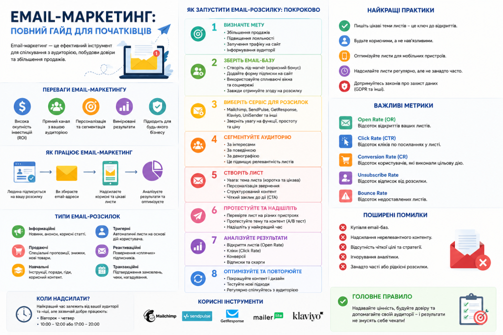Інфографіка з покроковою інструкцією запуску email-розсилки та метриками