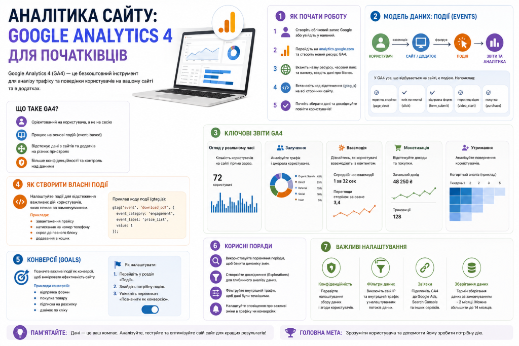 Інфографіка про Google Analytics 4 для початківців із поясненням основних функцій і звітів