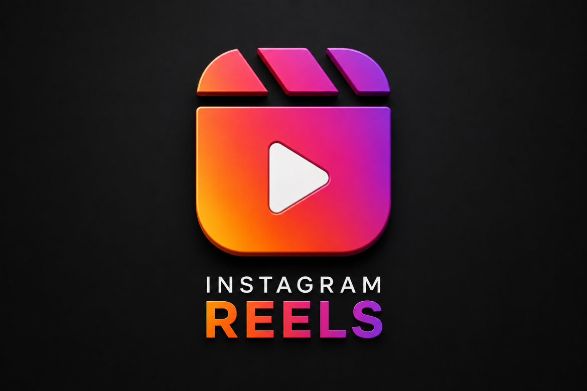 Об'ємний логотип Instagram Reels із фірмовим градієнтом на темному фоні. Символ сервісу коротких вертикальних відео для соціальної мережі Instagram.