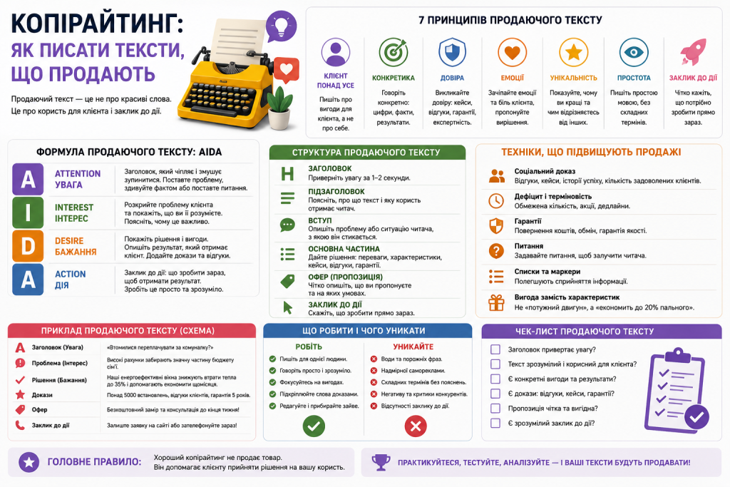 Інфографіка з основними принципами, формулами та правилами ефективного копірайтингу