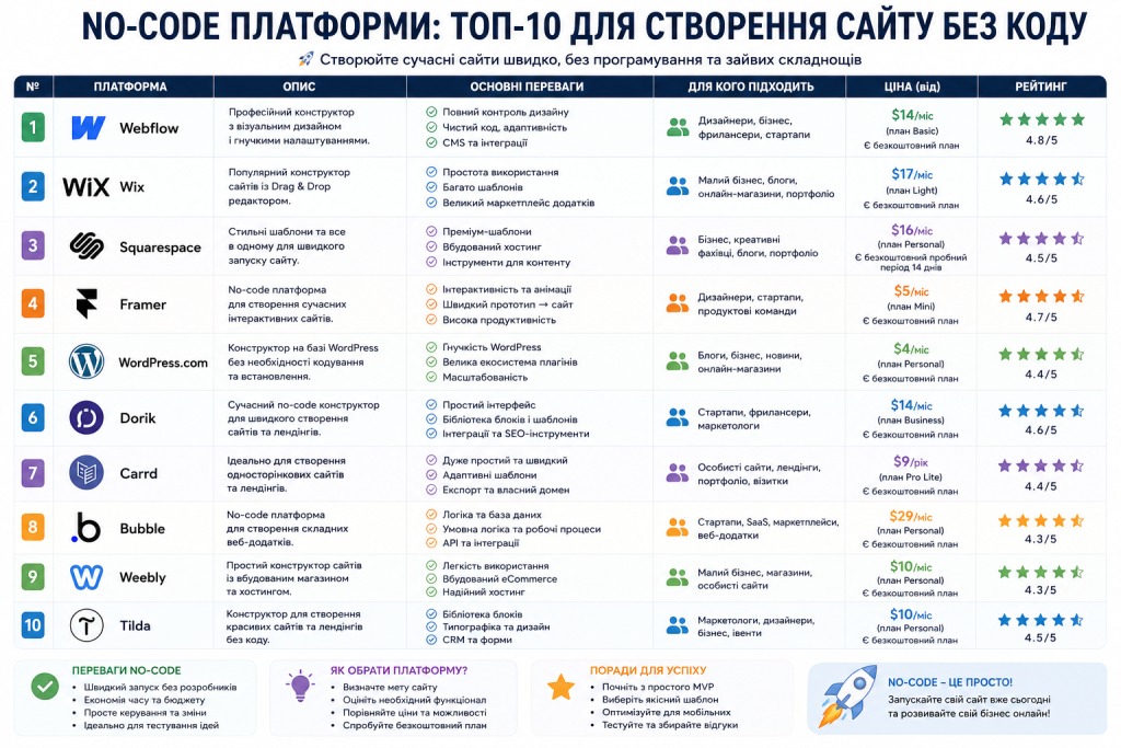 Порівняльна таблиця топ-10 no-code платформ для створення сайтів — Webflow, Wix, Squarespace та інші