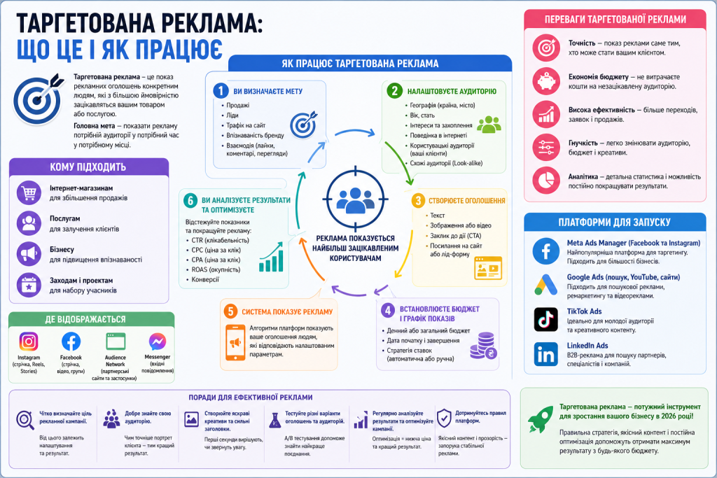 Інфографіка про принцип роботи таргетованої реклами, налаштування аудиторії, запуск рекламних кампаній, оптимізацію, аналіз результатів та популярні рекламні платформи.