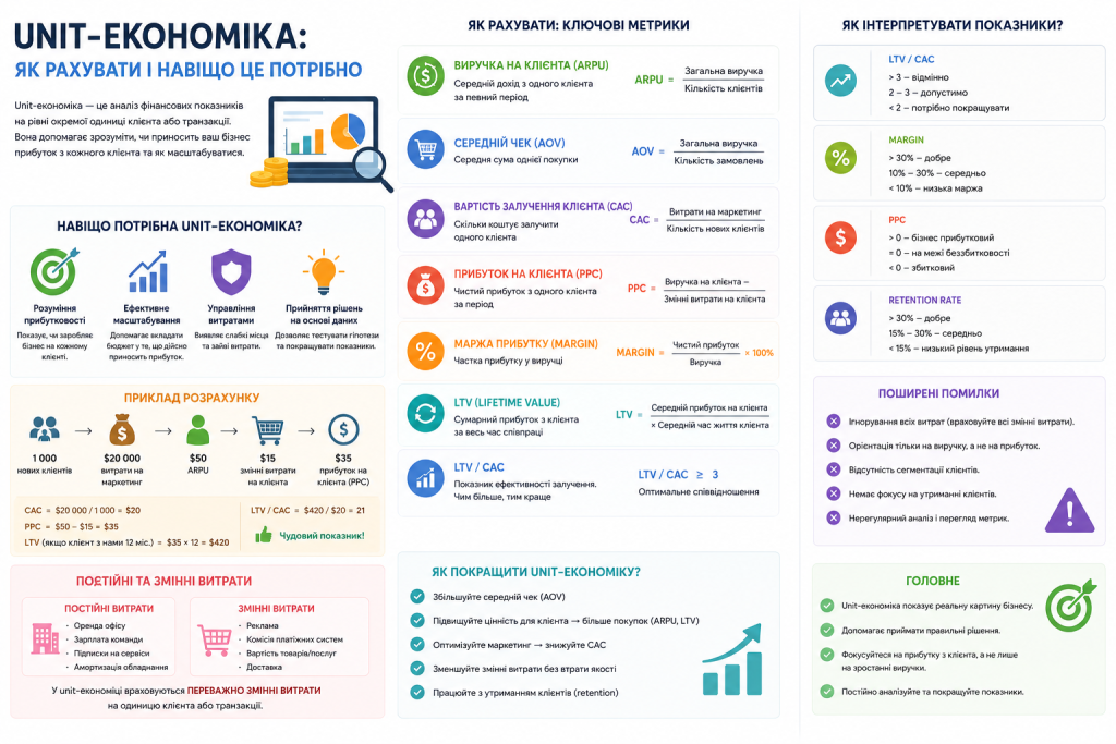 Інфографіка з формулами та метриками unit-економіки для бізнесу