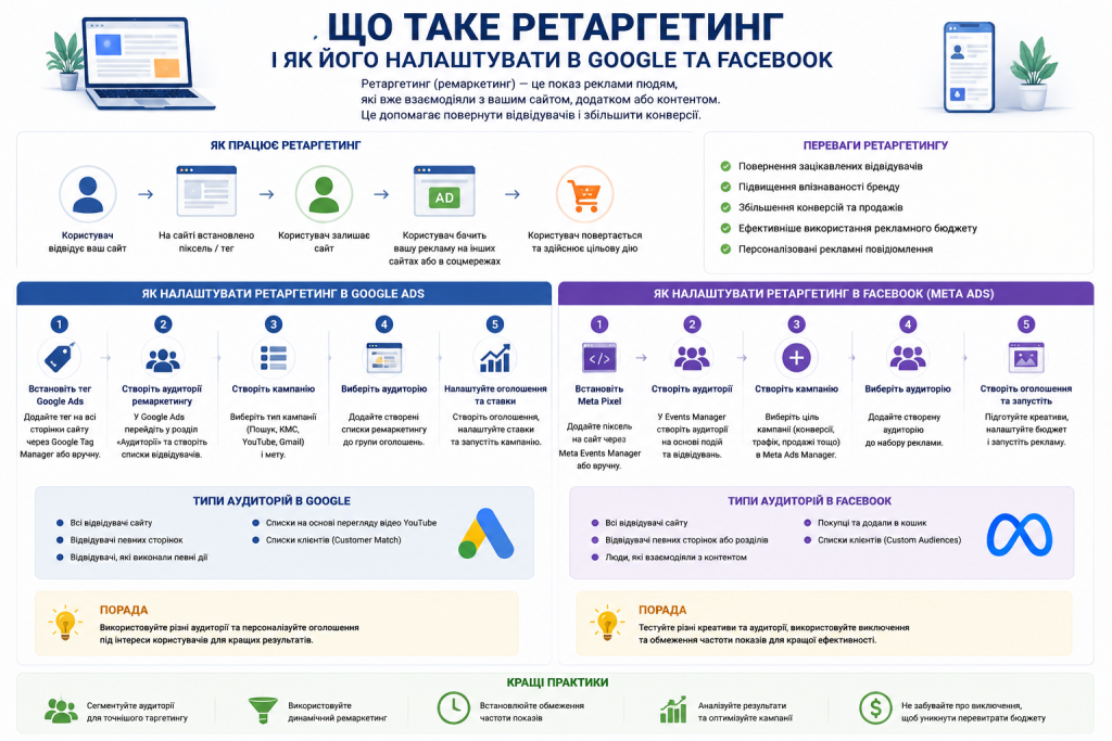 Інфографіка про принцип роботи ретаргетингу та покрокове налаштування в Google Ads і Meta Ads