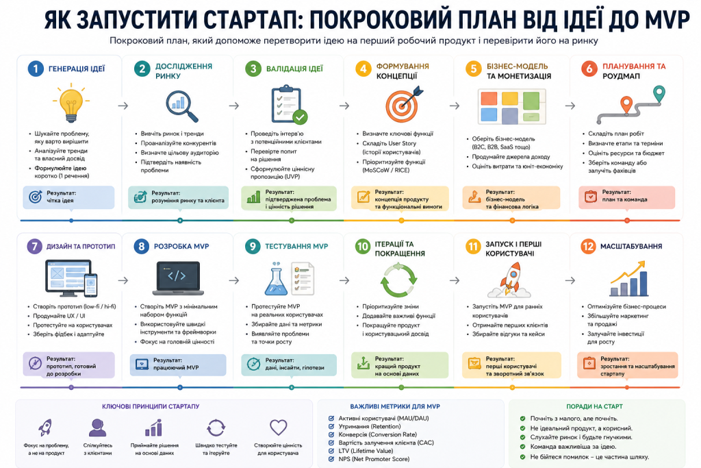 Інфографіка з 12 кроками запуску стартапу — від генерації ідеї до масштабування бізнесу