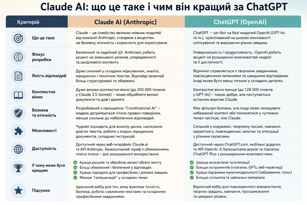 Інфографіка з порівнянням Claude AI та ChatGPT за можливостями, безпекою і якістю відповідей