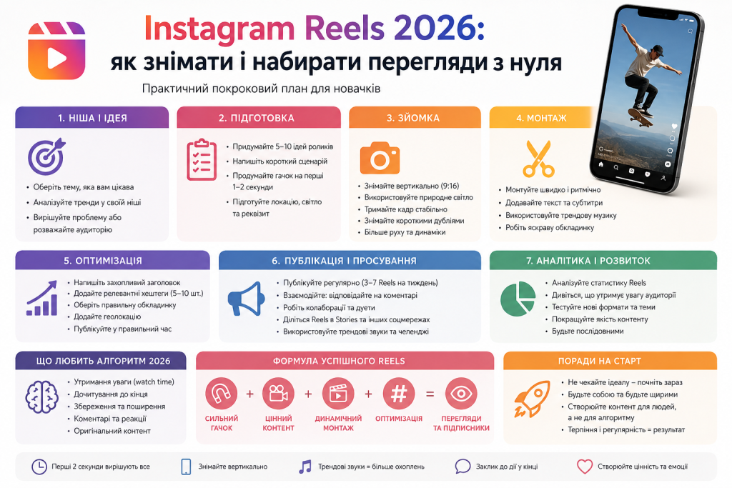 Інфографіка з порадами для створення, монтажу та просування Instagram Reels у 2026 році