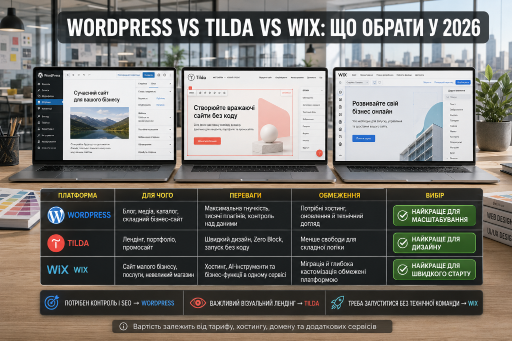 Інфографіка з порівнянням WordPress, Tilda та Wix за можливостями, перевагами, обмеженнями та призначенням