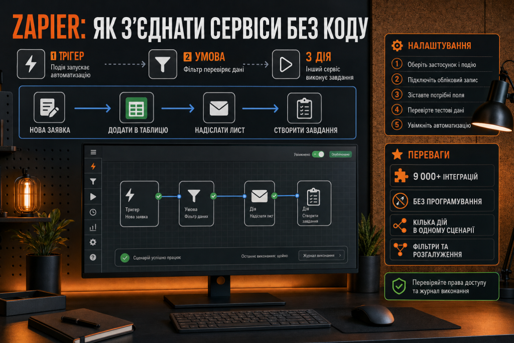 Інфографіка про автоматизацію роботи в Zapier за допомогою тригерів, умов і дій без програмування